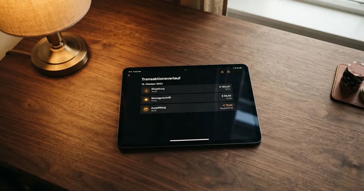 Nahaufnahme eines Tablet-Bildschirms mit einer Transaktionsliste, in der Einzahlung, Bonusgutschrift und Auszahlungsstatus untereinander aufgefuehrt sind.