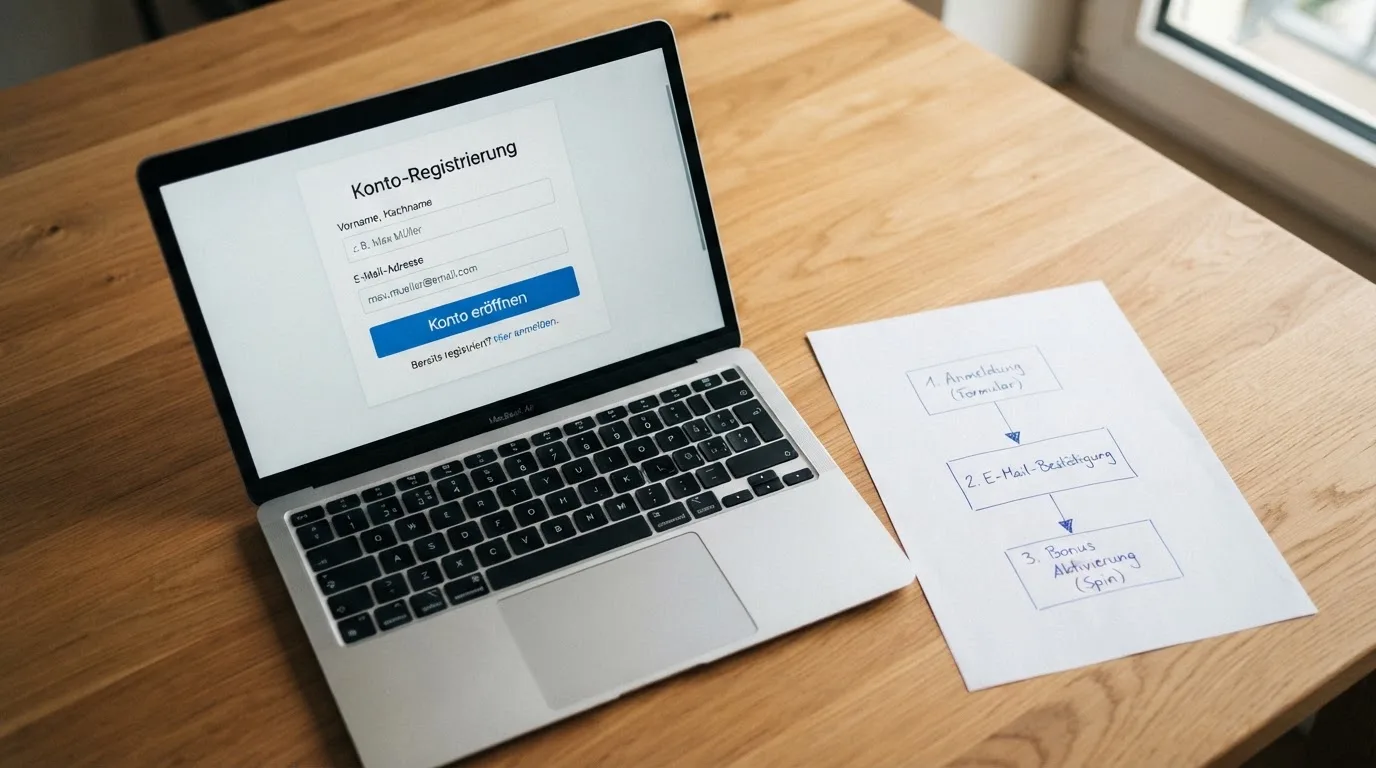 Nahaufnahme eines Laptop-Bildschirms mit einem Formular zur Kontoeroeffnung, daneben ein Blatt Papier mit einer handgezeichneten Ablaufskizze.