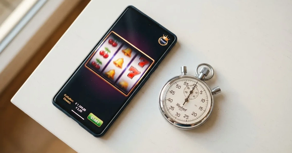 Draufsicht auf ein Smartphone mit einem digitalen Walzenspiel im Demomodus, daneben eine Stoppuhr, die den Abstand zwischen zwei Spins anzeigt.