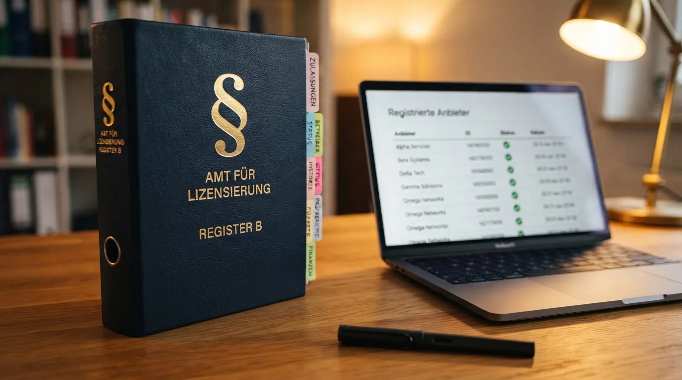 Nahaufnahme eines Aktenordners mit Paragraphenzeichen auf dem Ruecken, daneben ein aufgeklapptes Notebook mit einer Uebersichtsliste lizenzierter Anbieter.
