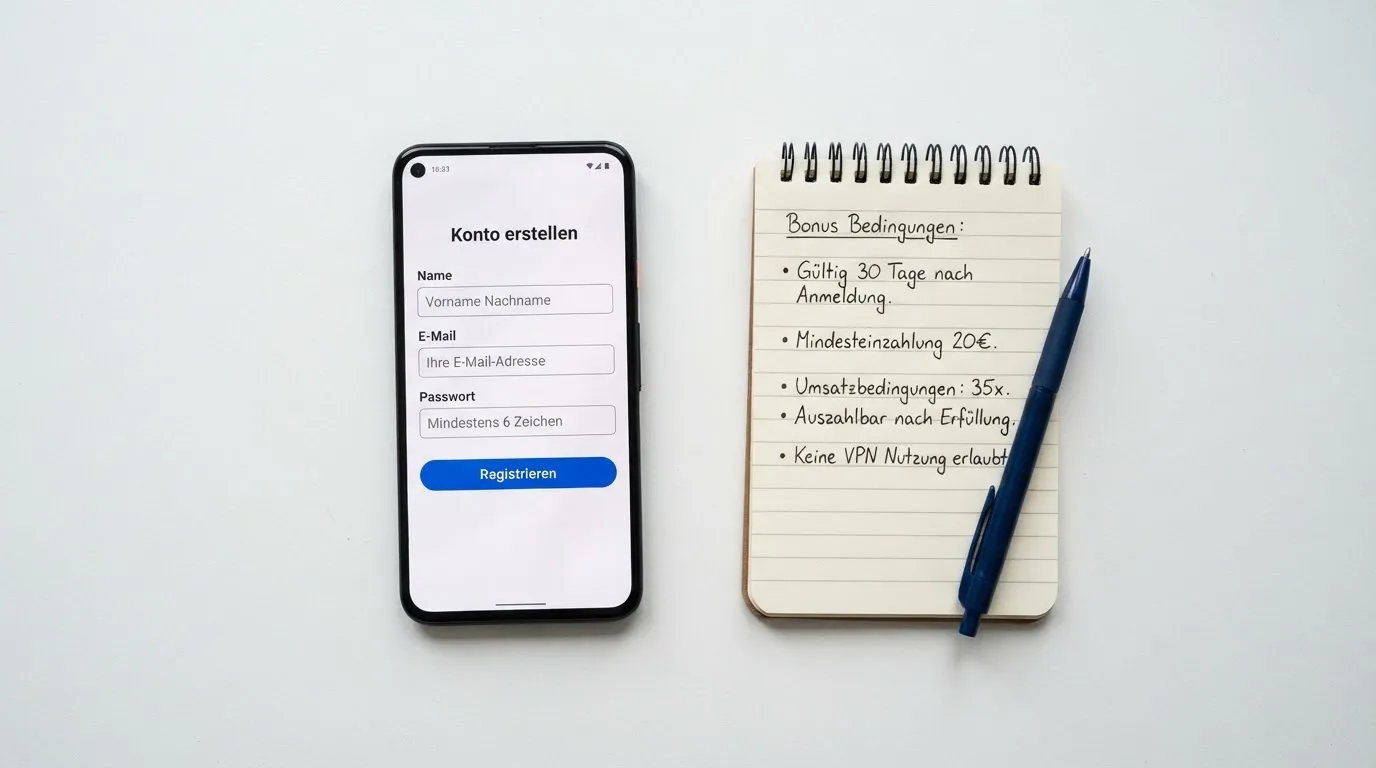 Draufsicht auf ein Smartphone mit einer geoeffneten Registrierungsmaske fuer ein Spielerkonto, daneben ein Notizblock mit handschriftlichen Bonusbedingungen.