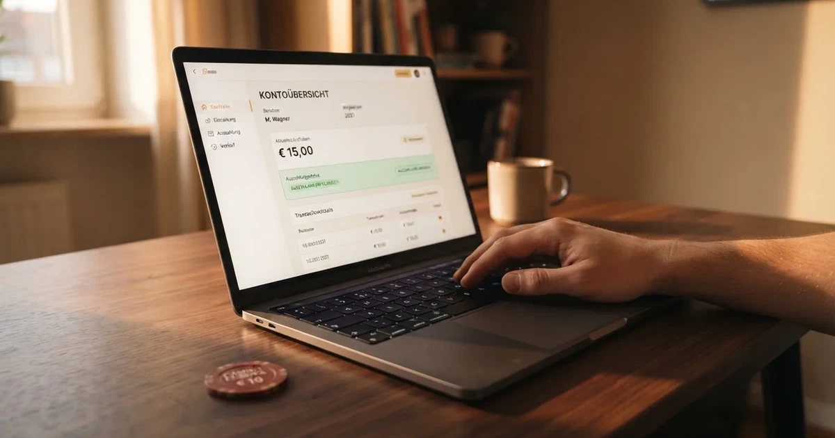 Nahaufnahme eines Laptop-Bildschirms mit einer Kontouebersicht, auf der ein Guthabenbetrag in Euro und ein Auszahlungsstatus zu sehen sind.