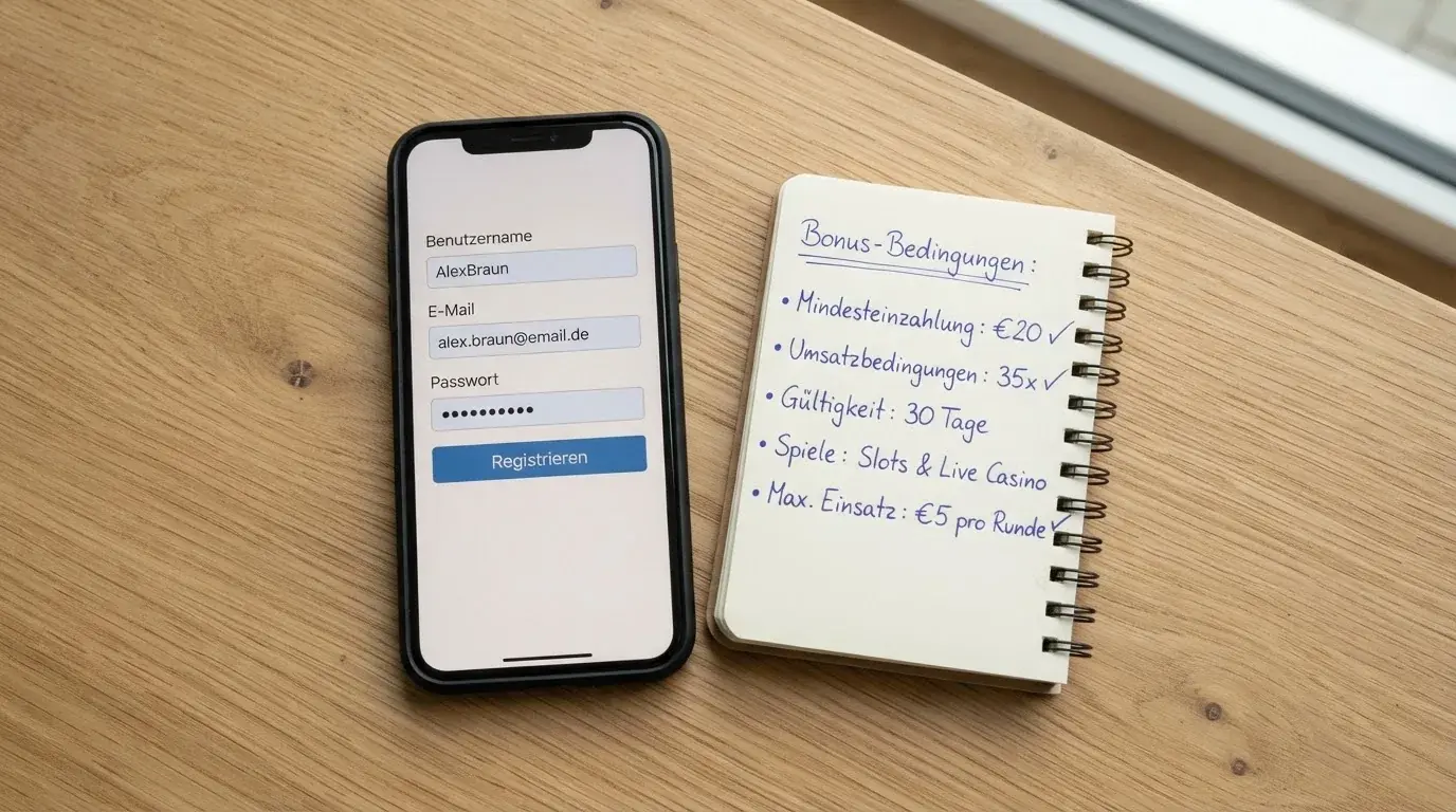 Draufsicht auf ein Smartphone mit einer geoeffneten Registrierungsmaske fuer ein Spielerkonto, daneben ein Notizblock mit handschriftlichen Bonusbedingungen.