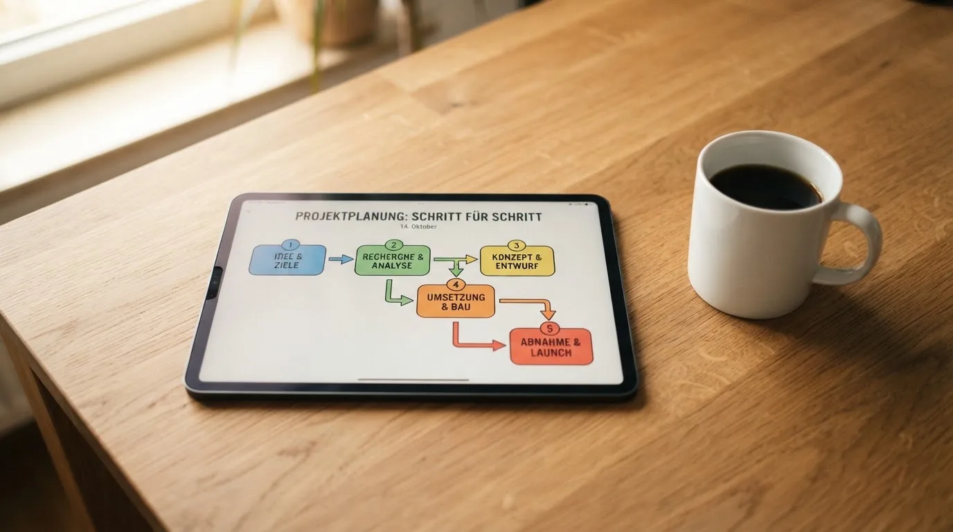 Schreibtisch mit einem Tablet, auf dem ein Schema mit nummerierten Schritten eines Anmeldevorgangs zu sehen ist, daneben ein Kaffeebecher.