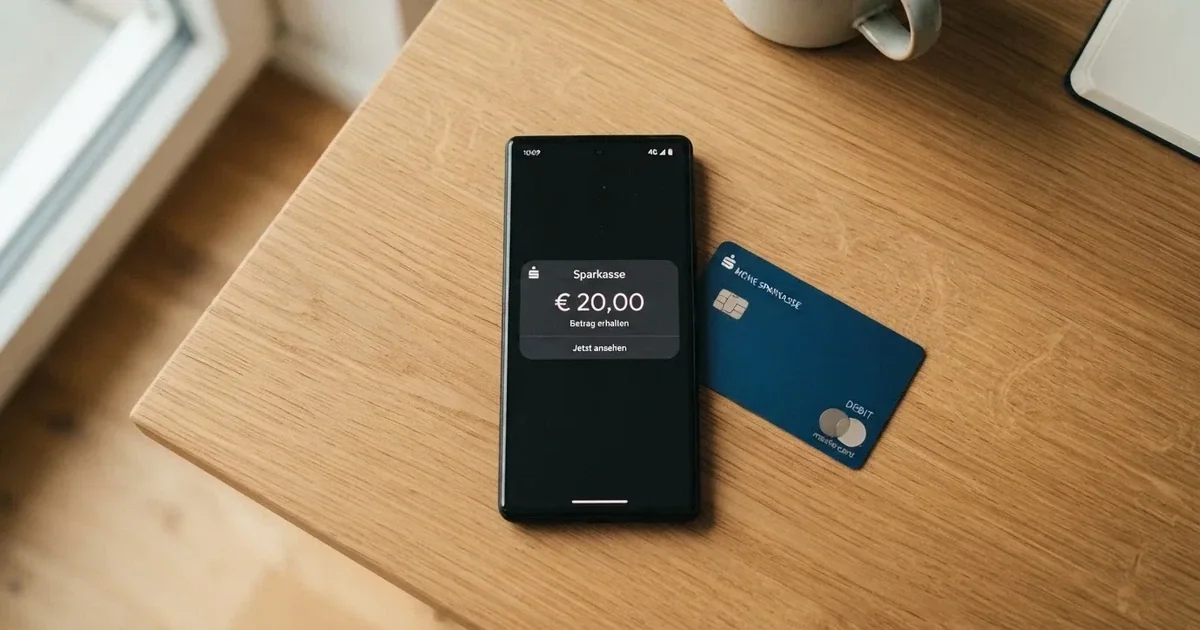 Schreibtisch mit einem Smartphone, auf dessen Bildschirm eine Kontobewegung mit Datum und Betrag in Euro angezeigt wird, daneben eine Bankkarte.