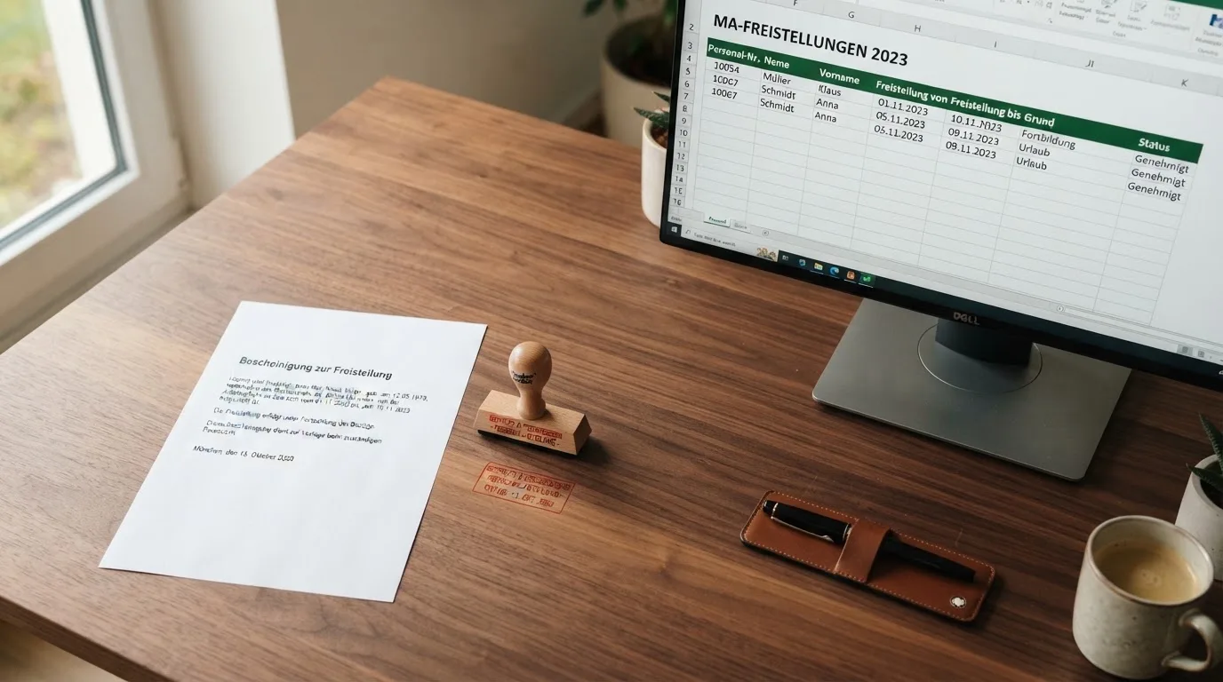 Schreibtisch mit einem gedruckten Amtsdokument, einem Stempel und einem Bildschirm, auf dem eine offizielle Whitelist-Tabelle angezeigt wird.