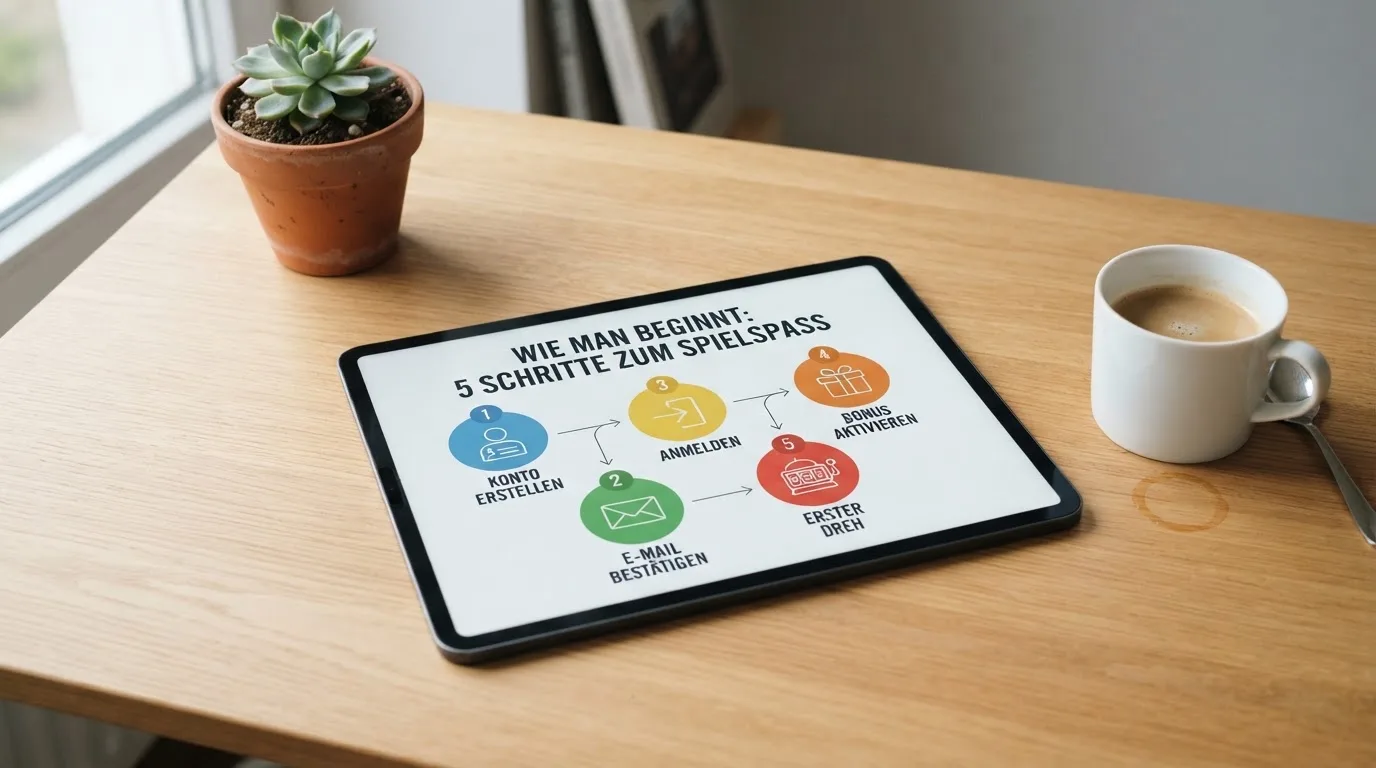 Schreibtisch mit einem Tablet, auf dem ein Schema mit nummerierten Schritten eines Anmeldevorgangs zu sehen ist, daneben ein Kaffeebecher.