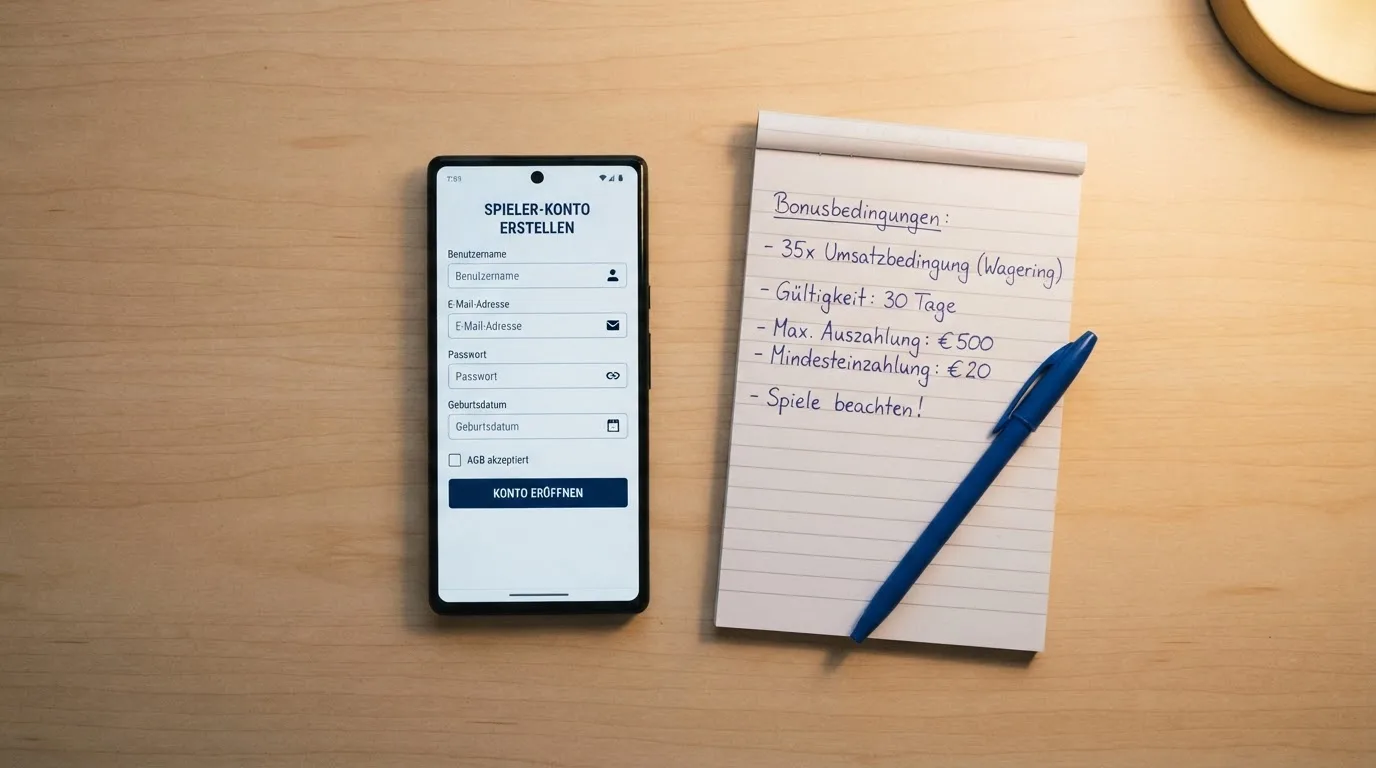 Draufsicht auf ein Smartphone mit einer geoeffneten Registrierungsmaske fuer ein Spielerkonto, daneben ein Notizblock mit handschriftlichen Bonusbedingungen.