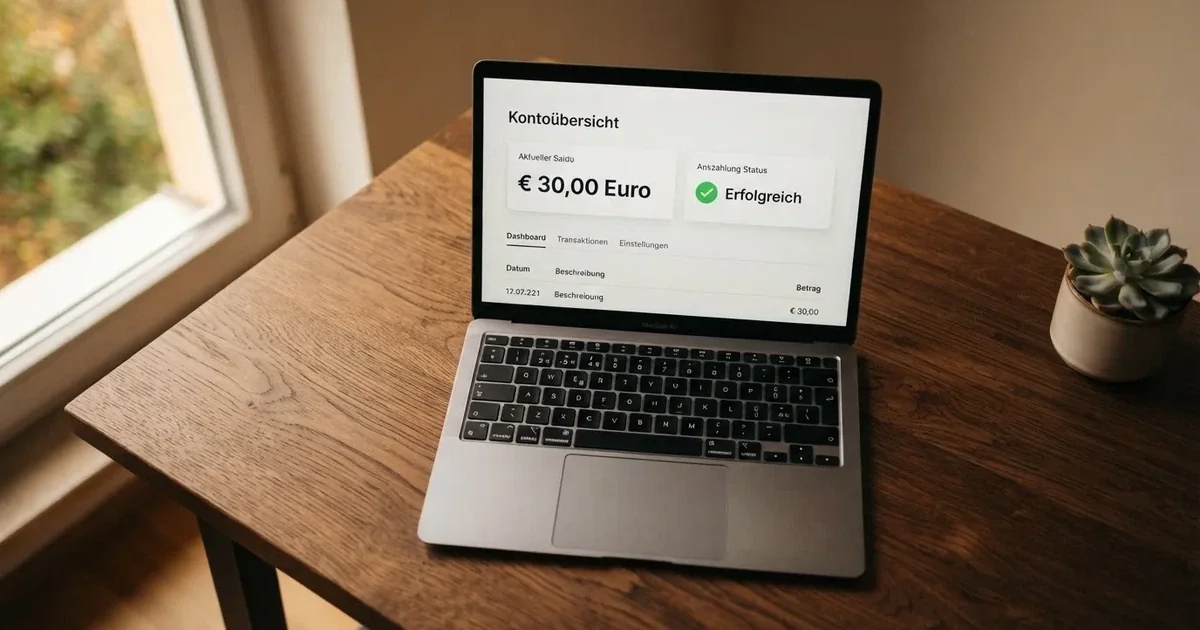 Nahaufnahme eines Laptop-Bildschirms mit einer Kontouebersicht, auf der ein Guthabenbetrag in Euro und ein Auszahlungsstatus zu sehen sind.