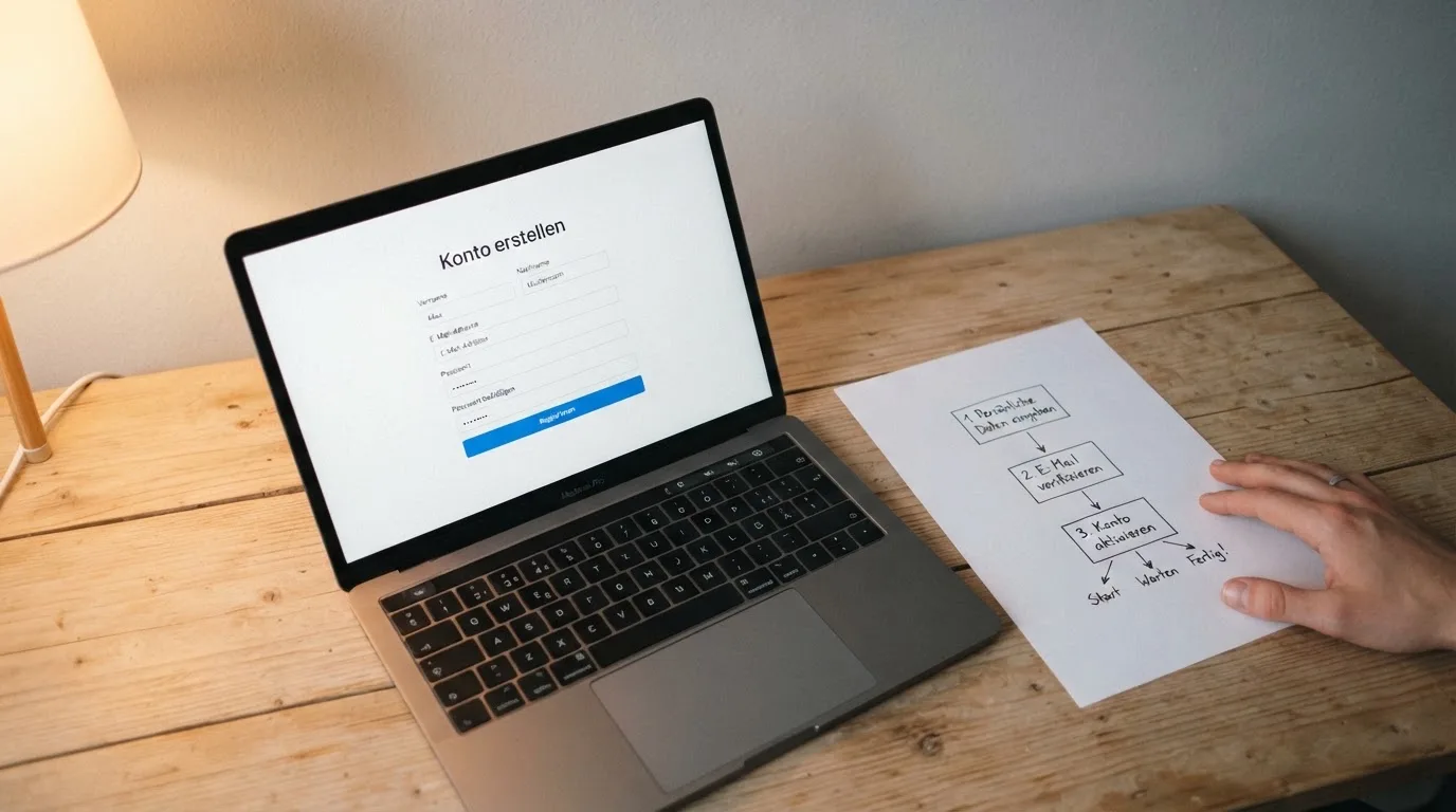 Nahaufnahme eines Laptop-Bildschirms mit einem Formular zur Kontoeroeffnung, daneben ein Blatt Papier mit einer handgezeichneten Ablaufskizze.