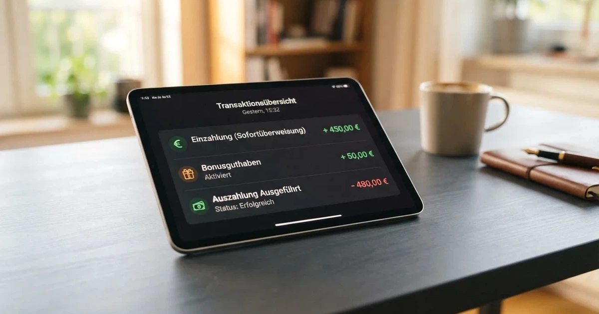 Nahaufnahme eines Tablet-Bildschirms mit einer Transaktionsliste, in der Einzahlung, Bonusgutschrift und Auszahlungsstatus untereinander aufgefuehrt sind.