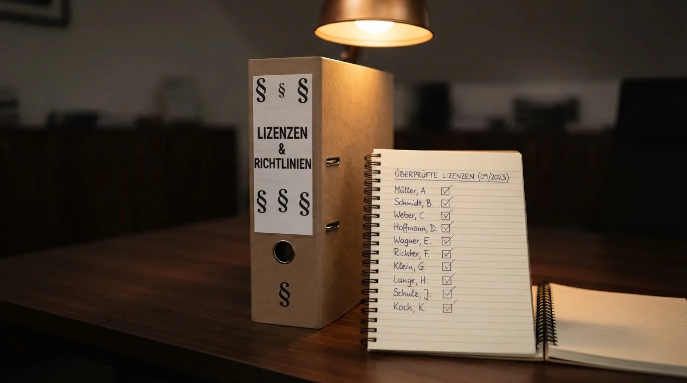 Nahaufnahme eines Aktenordners mit Paragraphenzeichen auf dem Ruecken, daneben ein aufgeklapptes Notebook mit einer Uebersichtsliste lizenzierter Anbieter.