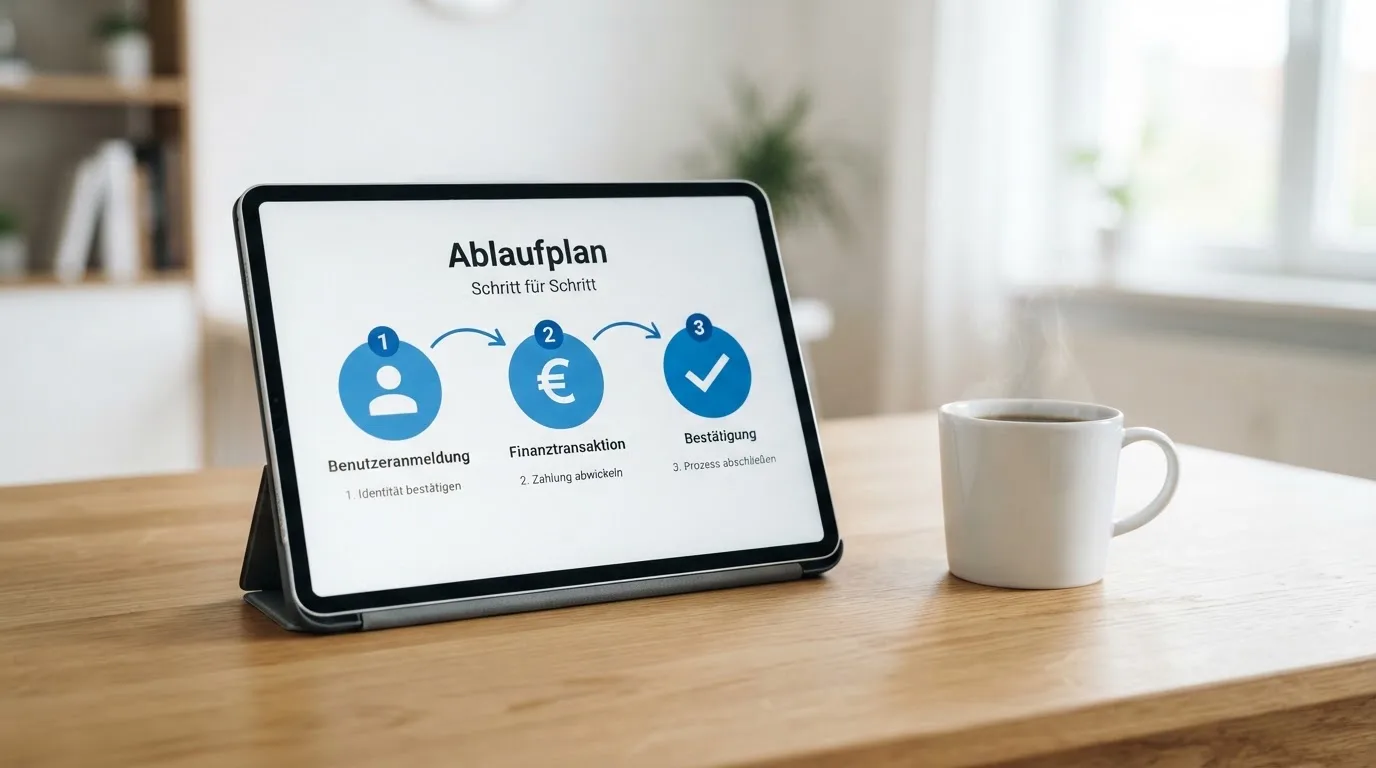Schreibtisch mit einem Tablet, auf dem ein Schema mit nummerierten Schritten eines Anmeldevorgangs zu sehen ist, daneben ein Kaffeebecher.