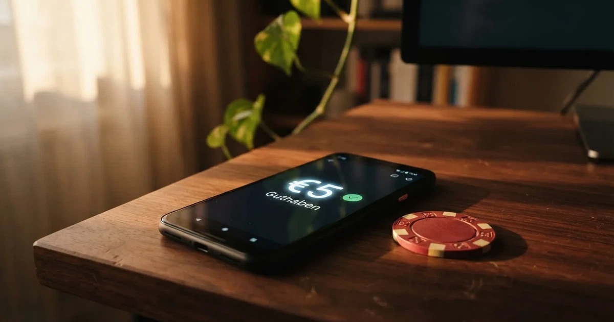 Schreibtisch mit einem Smartphone, auf dessen Bildschirm eine Kontobewegung mit Datum und Betrag in Euro angezeigt wird, daneben eine Bankkarte.
