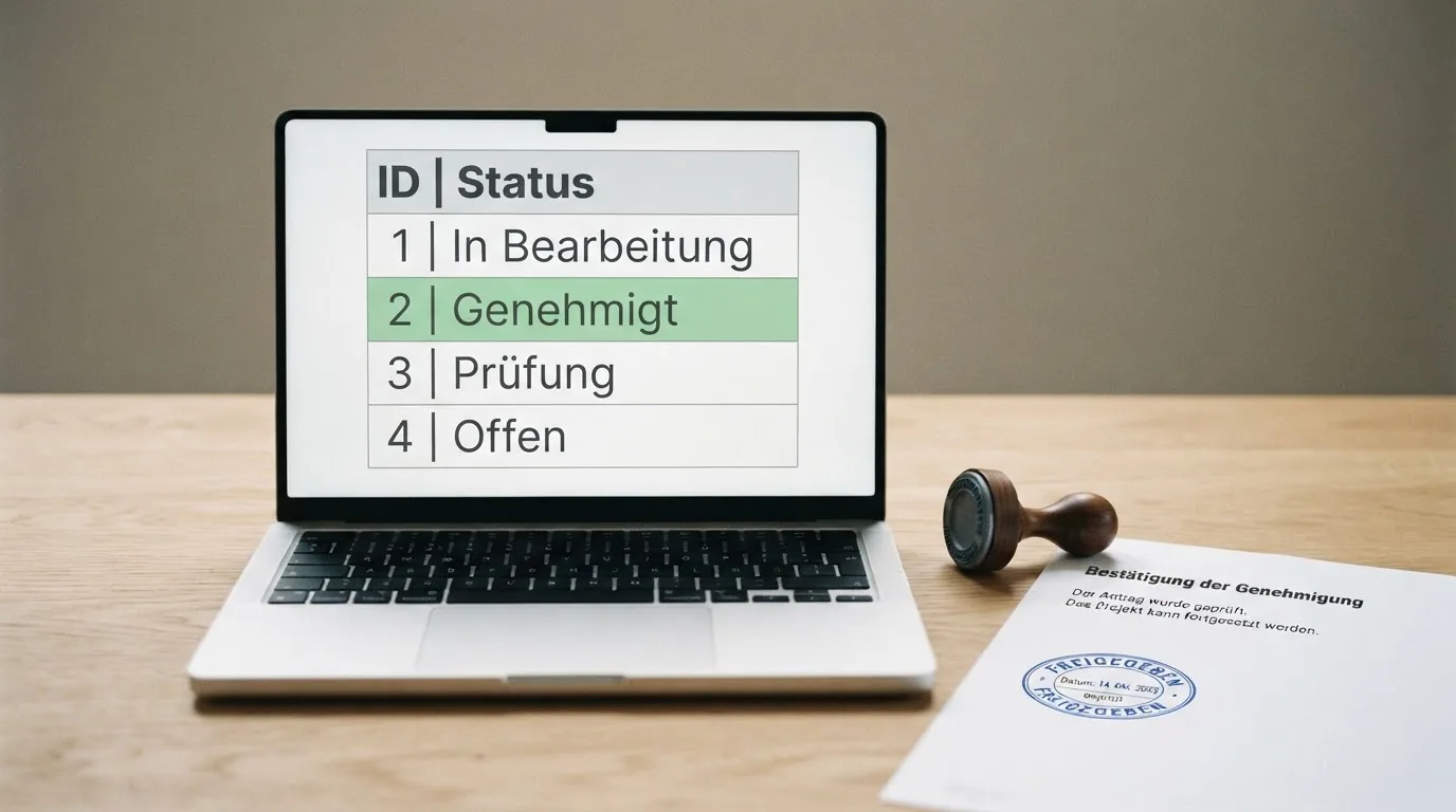 Schreibtisch mit einem gedruckten Amtsdokument, einem Stempel und einem Bildschirm, auf dem eine offizielle Whitelist-Tabelle angezeigt wird.