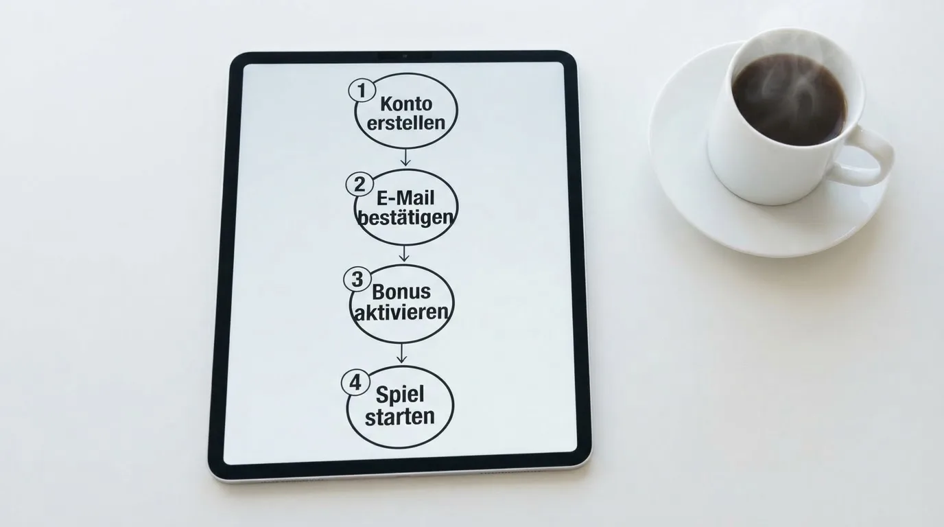 Schreibtisch mit einem Tablet, auf dem ein Schema mit nummerierten Schritten eines Anmeldevorgangs zu sehen ist, daneben ein Kaffeebecher.