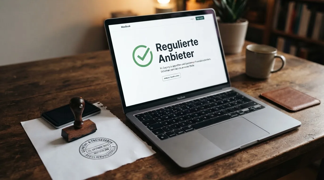 Schreibtisch mit einem gedruckten Amtsdokument, einem Stempel und einem Bildschirm, auf dem eine offizielle Whitelist-Tabelle angezeigt wird.