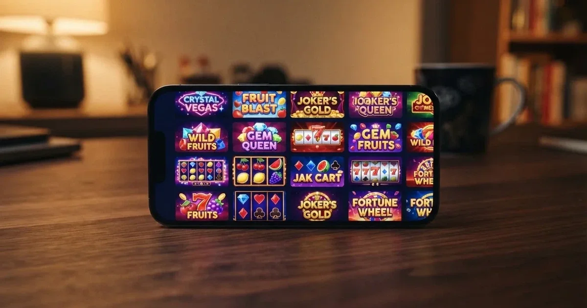 Bildschirm mit einer Rasteransicht mehrerer Automatenspiel-Kacheln in einem Online-Casino.