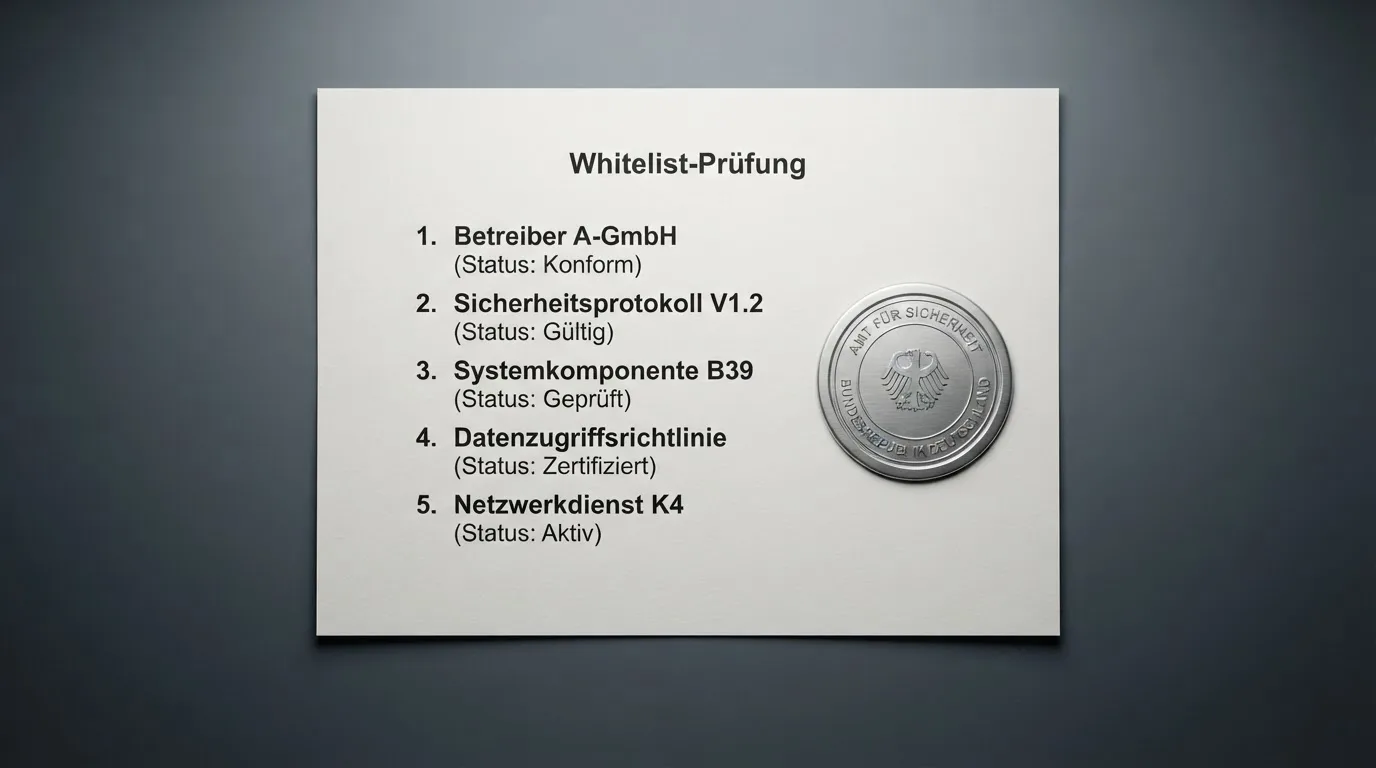 Nahaufnahme einer gedruckten Anbieterliste neben einem amtlichen Prüfsiegel.