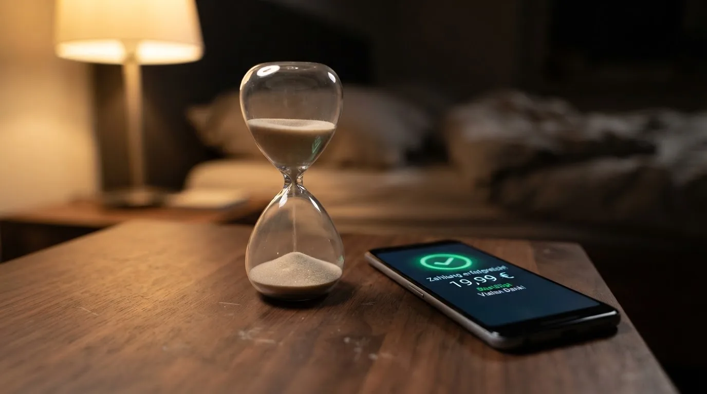 Nahaufnahme einer Sanduhr neben einem Smartphone-Bildschirm mit einer Zahlungsbestätigung.