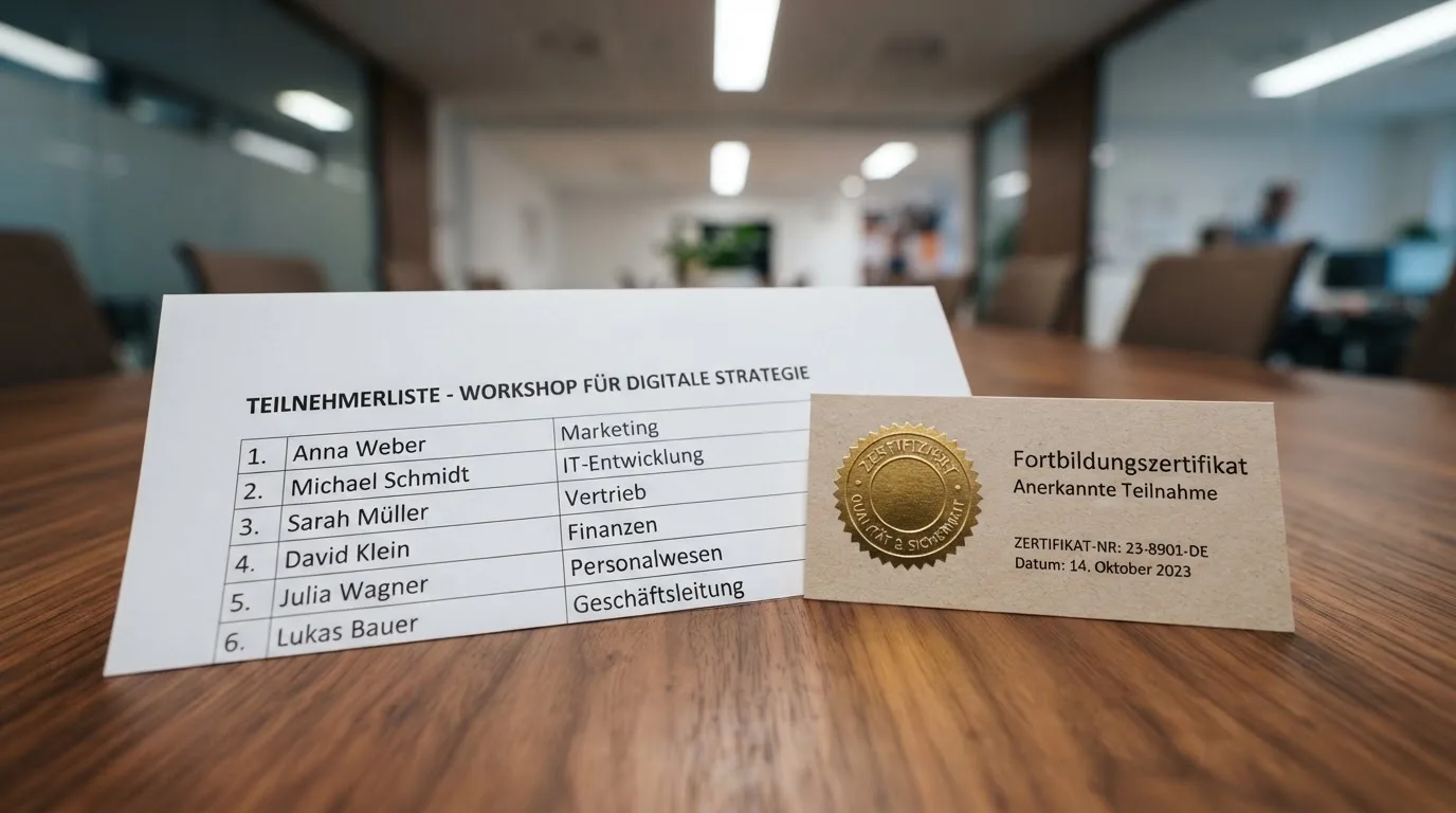 Nahaufnahme einer gedruckten Anbieterliste neben einem amtlichen Prüfsiegel.