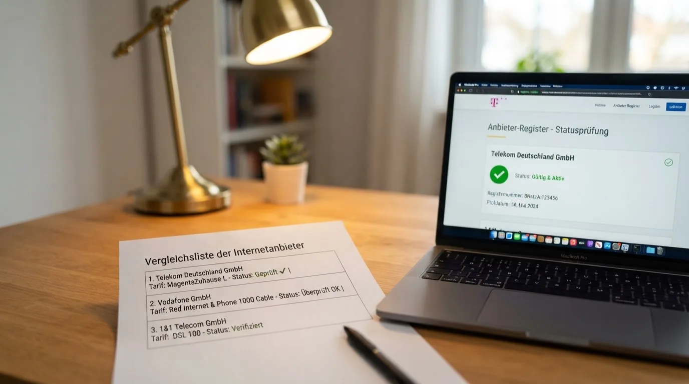Nahaufnahme einer gedruckten Anbieterliste neben einem amtlichen Prüfsiegel.