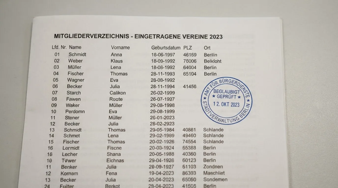 Nahaufnahme einer gedruckten Anbieterliste neben einem amtlichen Prüfsiegel.