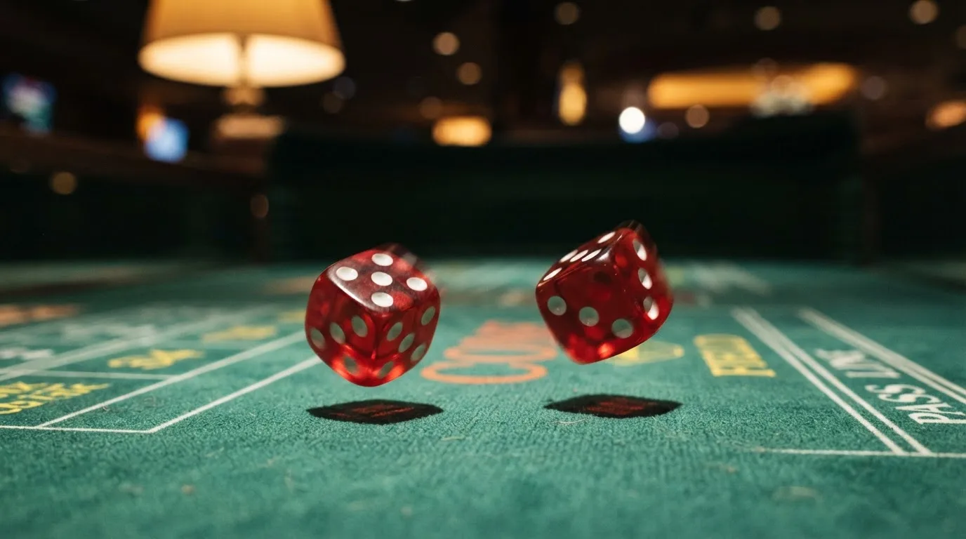 Nahaufnahme zweier rollender Würfel auf einem grünen Spieltisch.