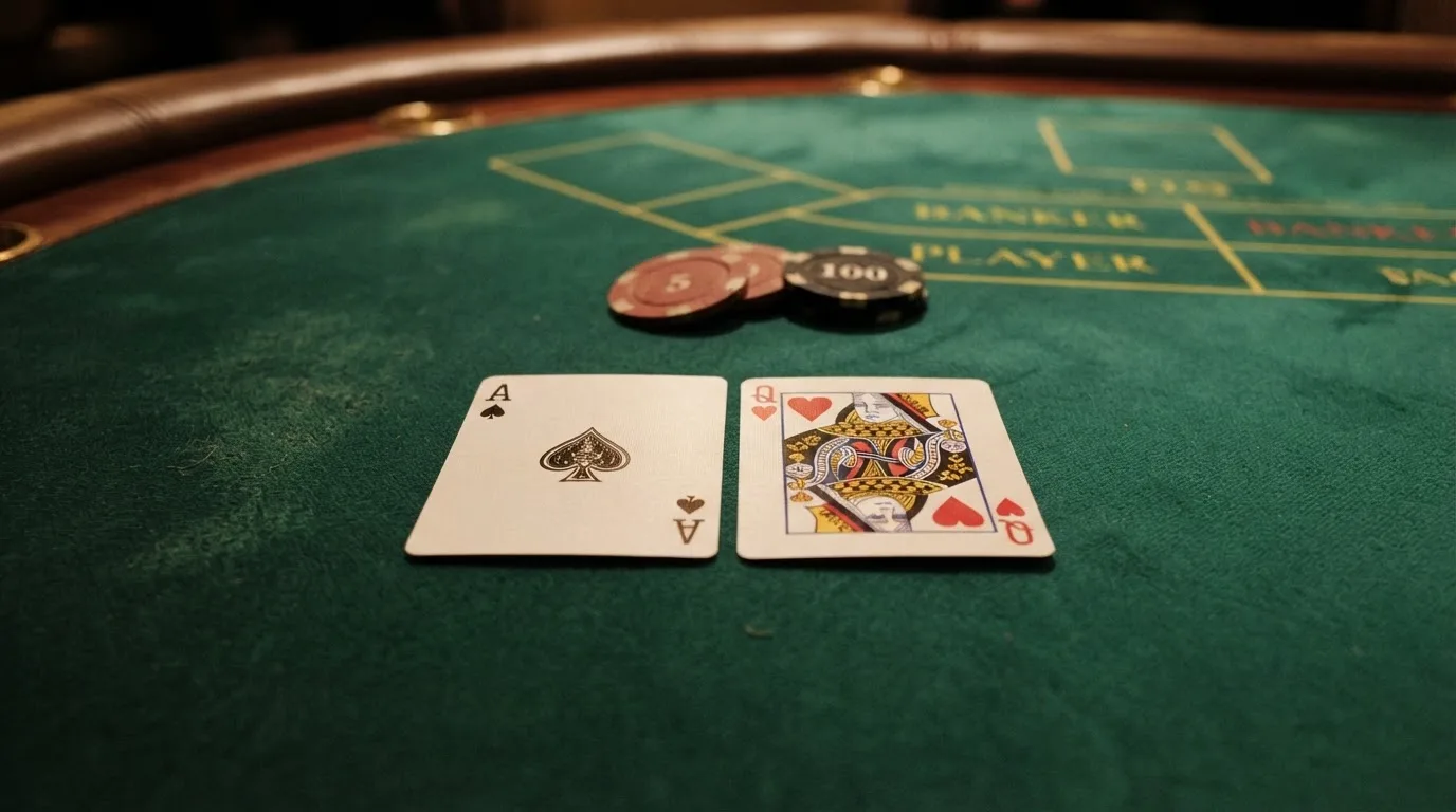 Nahaufnahme zweier aufgedeckter Spielkarten neben einem grünen Kartentisch.