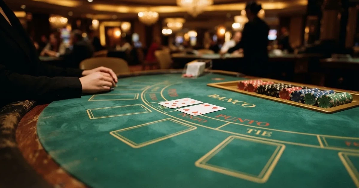 Nahaufnahme eines Baccarat-Tisches mit Spielkarten und Setzfeldern für Punto und Banco.