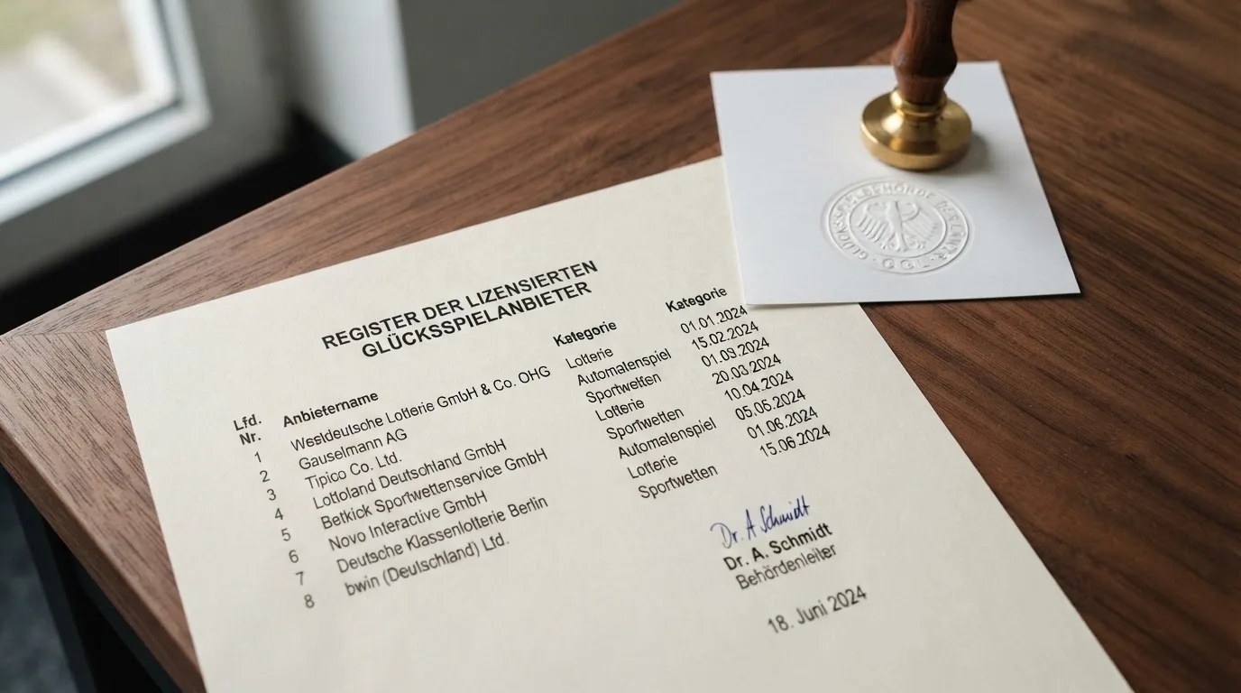 Nahaufnahme einer gedruckten Anbieterliste neben einem amtlichen Prüfsiegel.