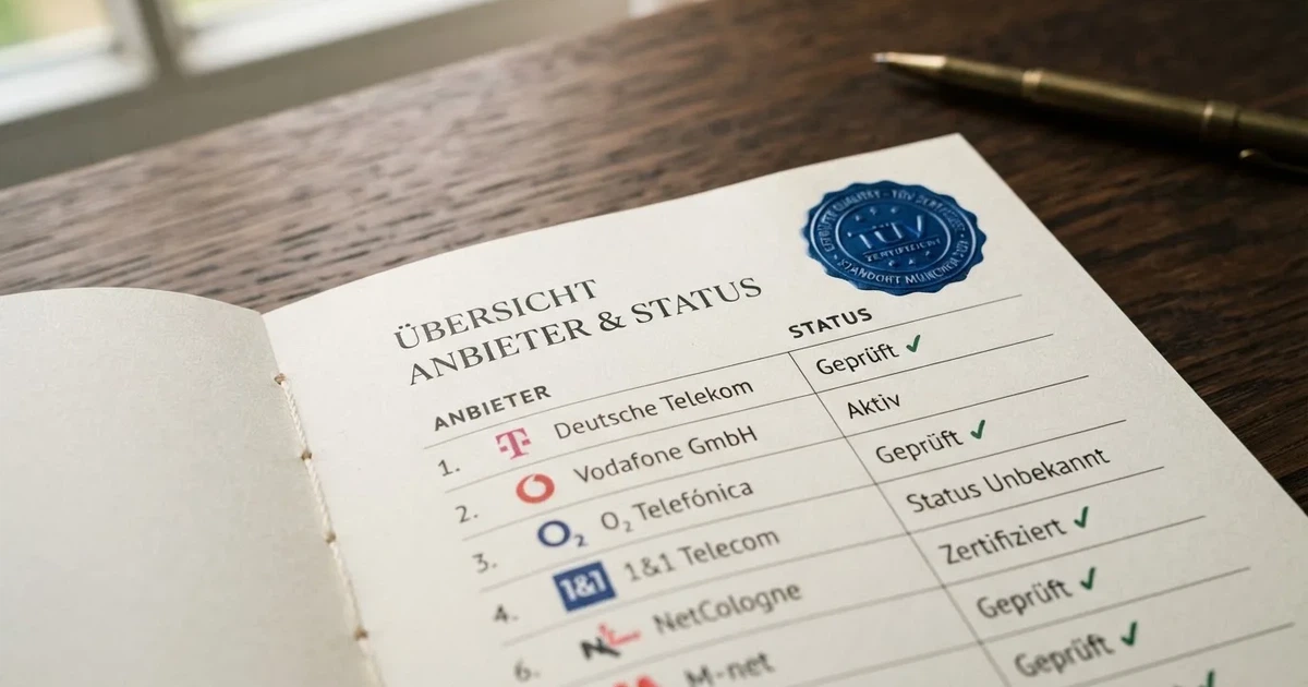 Nahaufnahme einer gedruckten Anbieterliste neben einem amtlichen Prüfsiegel.