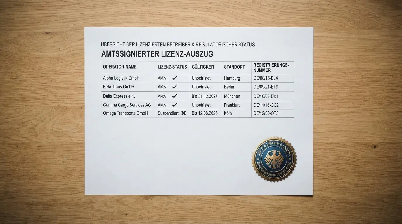 Nahaufnahme einer gedruckten Anbieterliste neben einem amtlichen Prüfsiegel.
