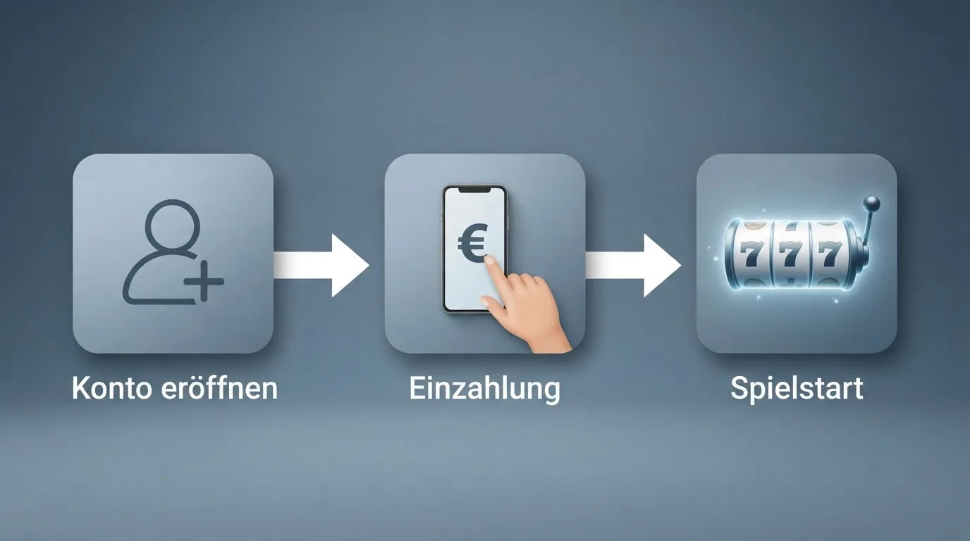 Schematische Illustration eines Ablaufdiagramms mit Pfeilen zwischen Kontoeröffnung, Einzahlung und Spielstart.