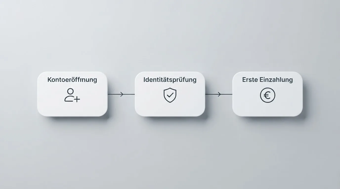 Schematische Darstellung eines Ablaufs von Kontoeröffnung über Identitätsprüfung bis zur ersten Einzahlung als einfaches Liniendiagramm.