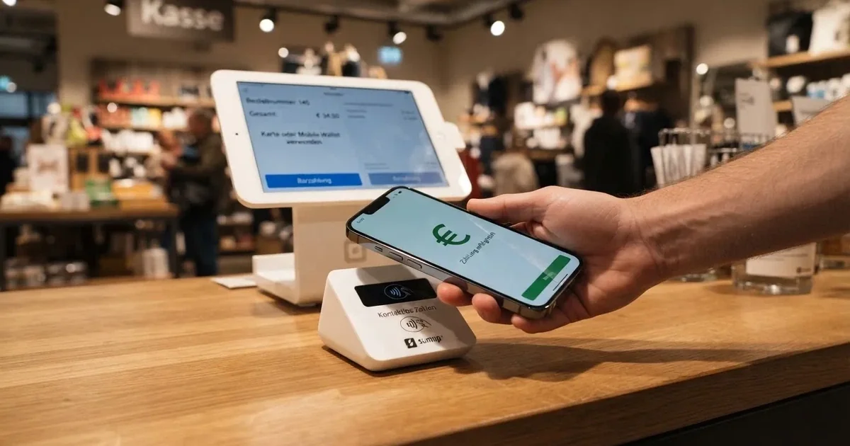 Nahaufnahme eines Smartphones, das kontaktlos an ein Zahlungsterminal gehalten wird, im Hintergrund eine Ladenkasse.