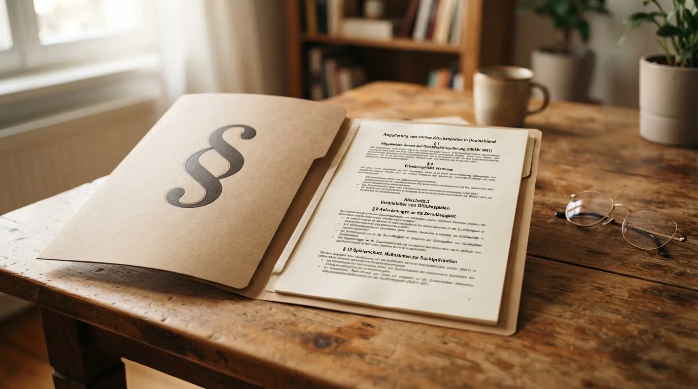 Aktenordner mit Paragraphenzeichen und Gesetzestext auf einem Holztisch.