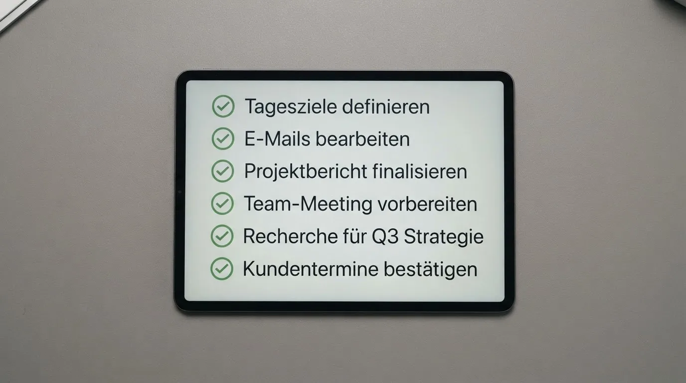 Tablet mit einer digitalen Liste und Häkchen-Symbolen auf einem Schreibtisch.