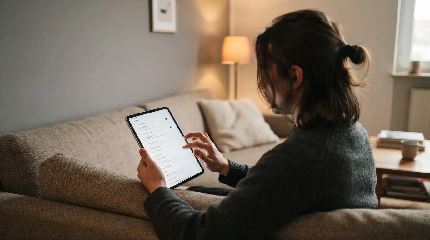 Person betrachtet nachdenklich eine App mit Einstellungsmenü auf einem Tablet in einem ruhigen Wohnzimmer.
