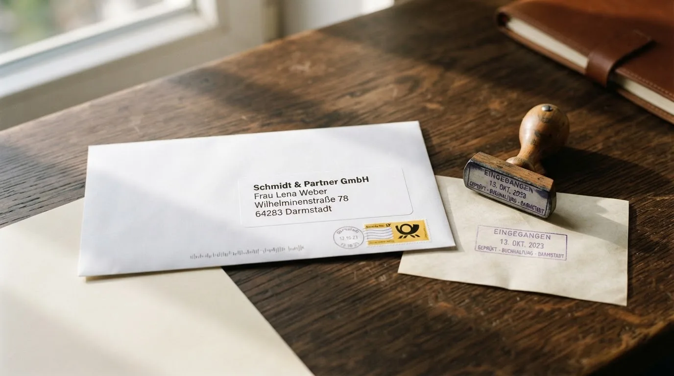 Briefumschlag mit Adressaufkleber auf einem Schreibtisch neben einem Aktenstempel.