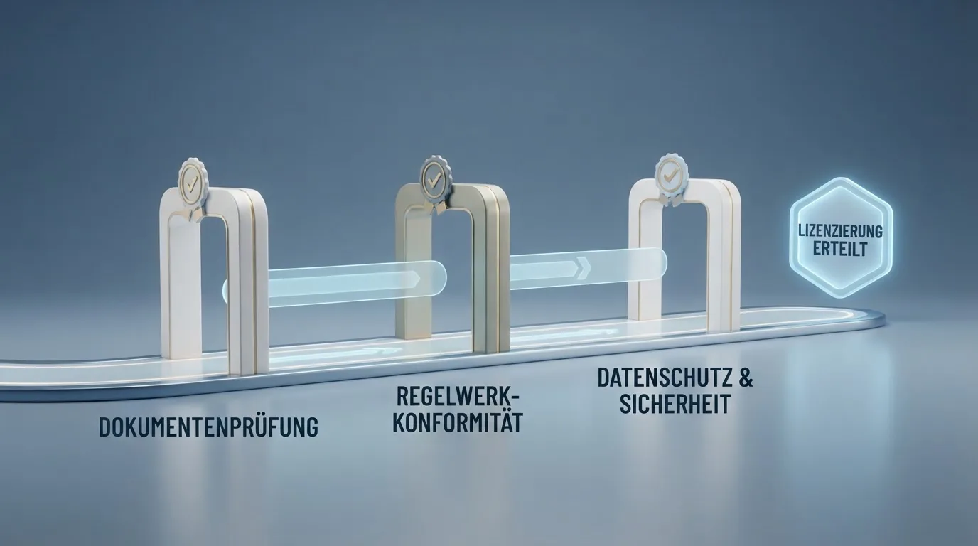 Schematische Darstellung eines Zulassungsprozesses mit mehreren Prüfstationen.