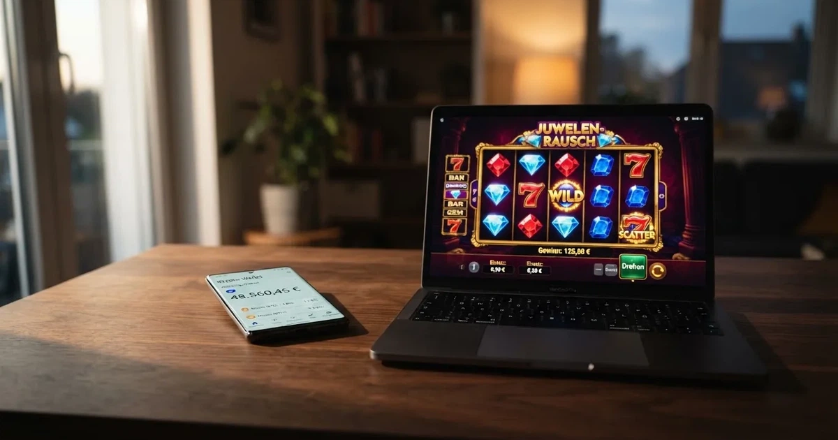 Smartphone-Bildschirm zeigt eine Kryptowährungs-Wallet mit einem BNB-Guthaben neben einem Laptop mit einer Casino-Weboberfläche.