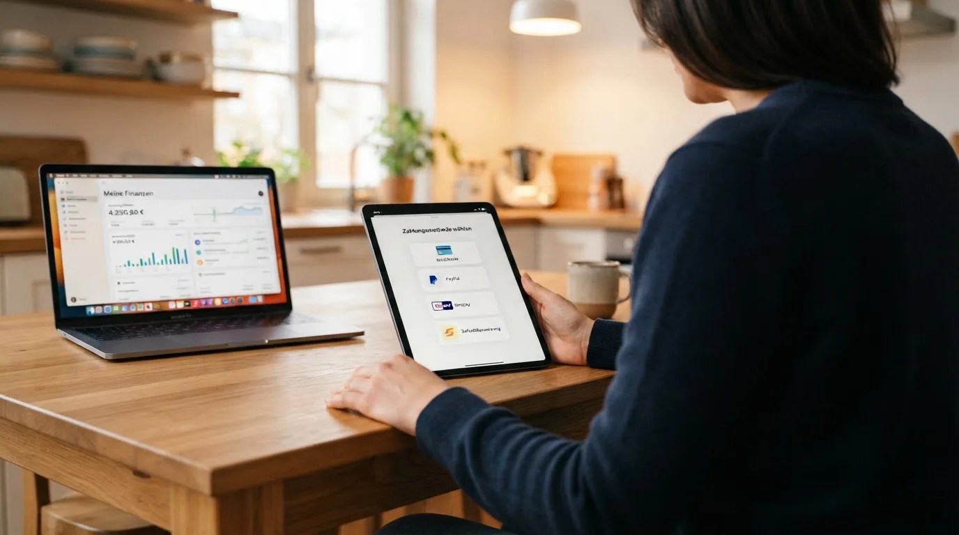 Person zeigt auf einem Tablet eine Liste von Zahlungsmethoden, während im Hintergrund ein Laptop mit einer Wallet-App steht.