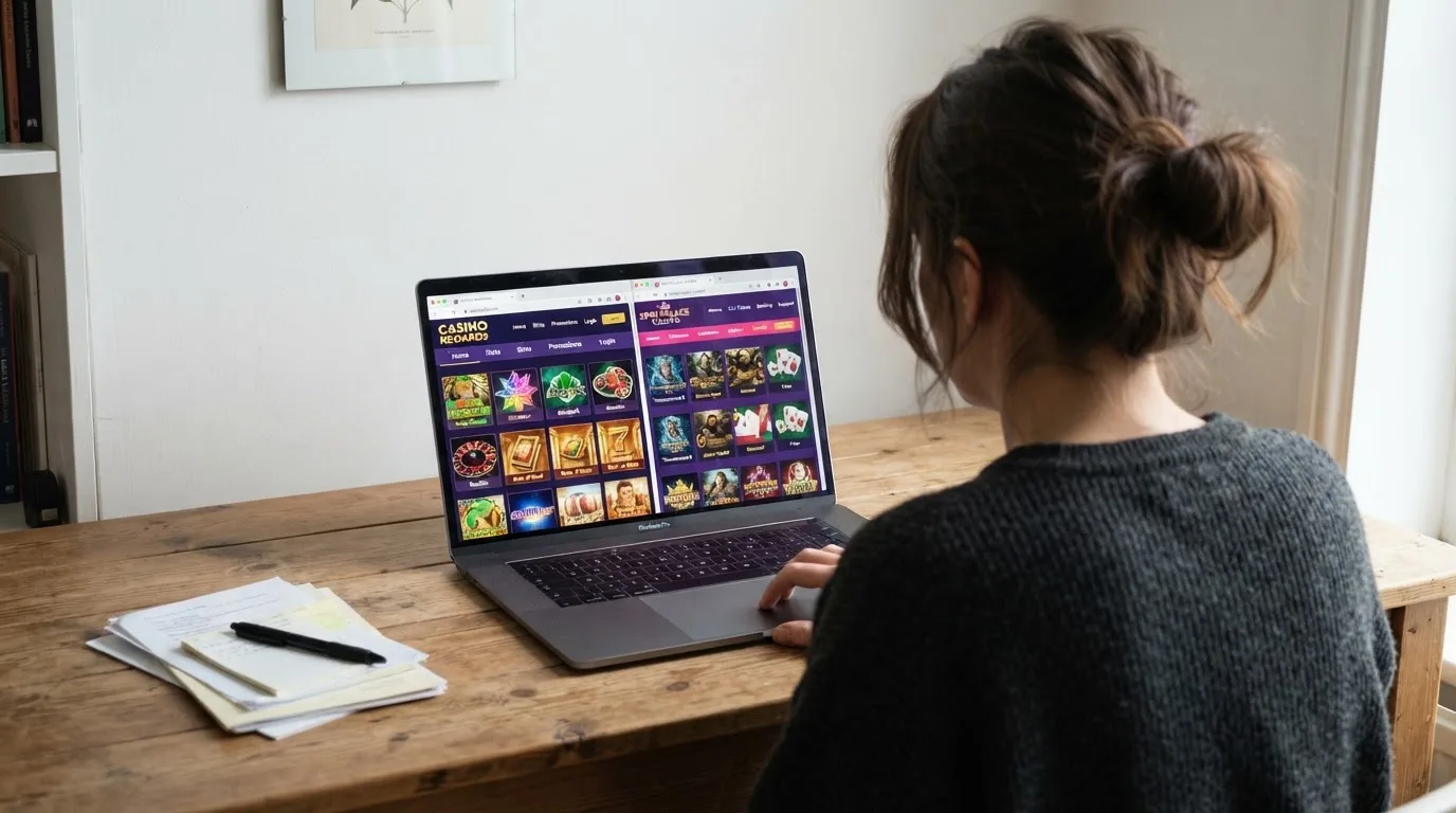 Person vergleicht zwei Browserfenster mit Casino-Startseiten auf einem Laptop.