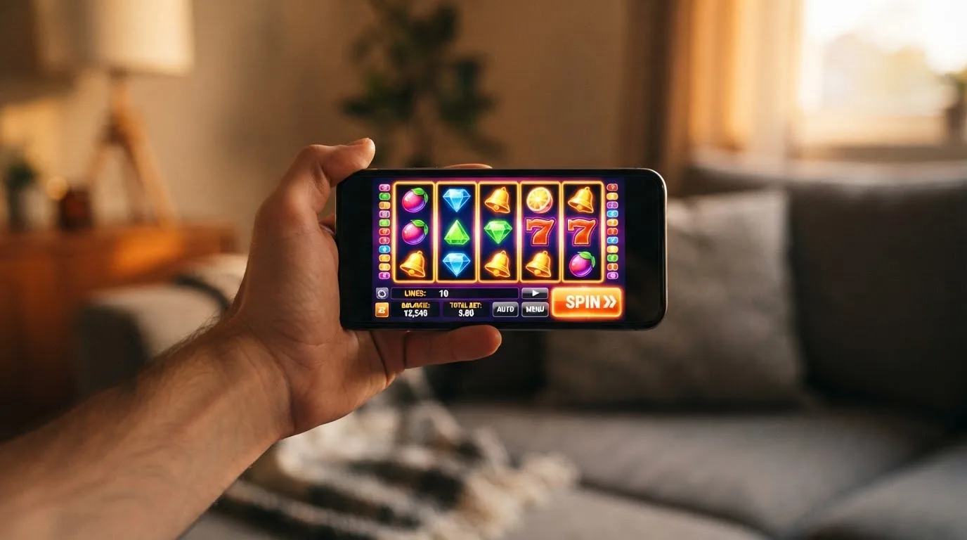 Hand hält ein Smartphone mit einer Spielautomaten-Oberfläche im Querformat.