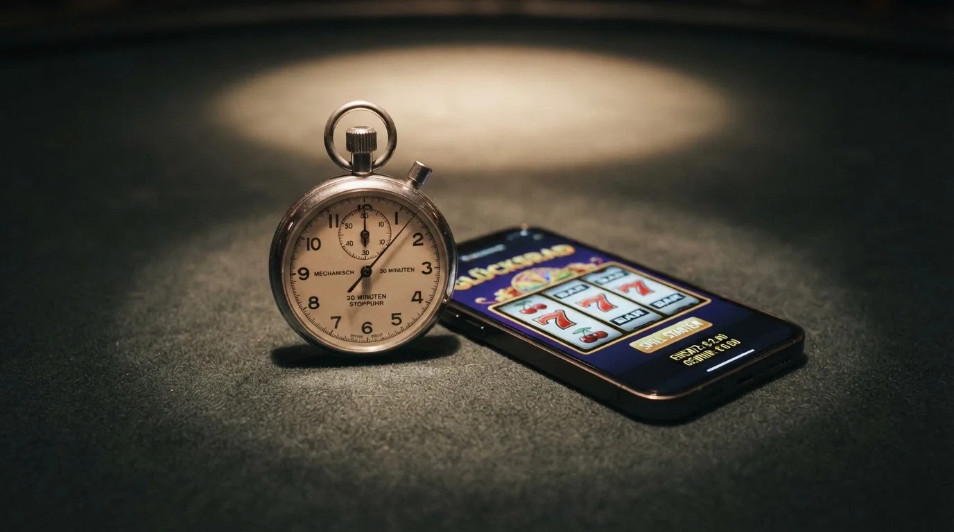 Symbolbild einer Stoppuhr neben einem Spielautomaten-Bildschirm, das ein Zeitintervall andeutet.