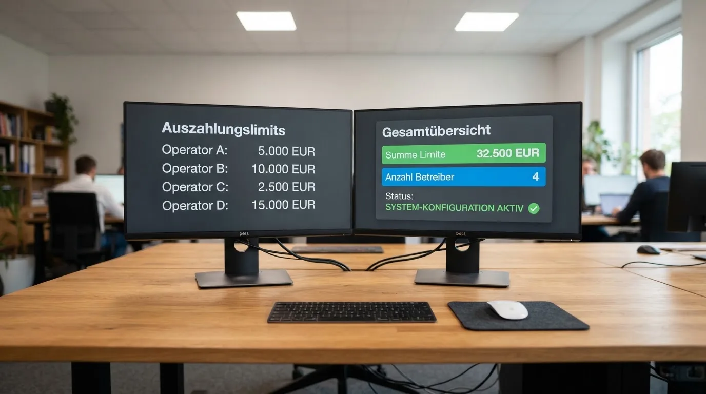 Schreibtisch mit zwei Bildschirmen, auf denen Tabellenkalkulationen mit Limit-Einstellungen zu sehen sind.